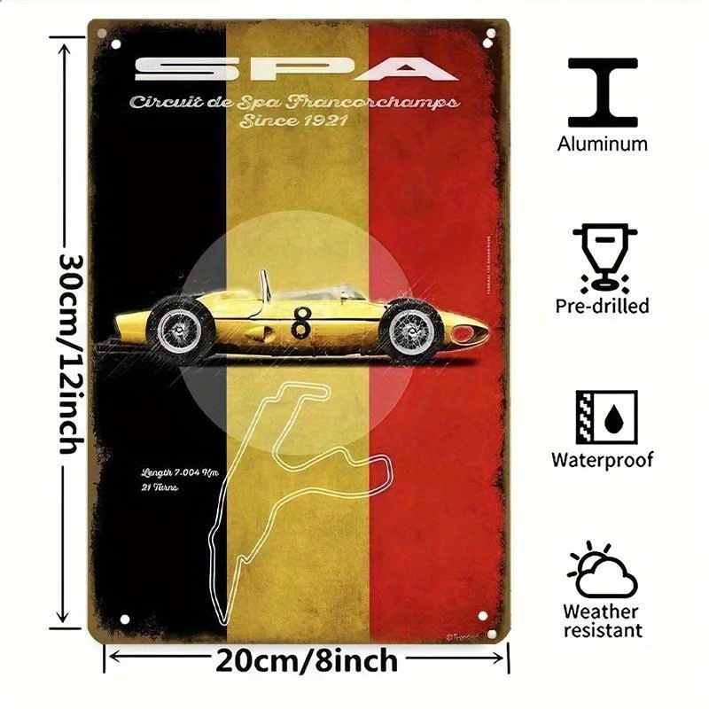 Home Office Or - Metall-Rennwagen-Schild – Spa-Rennstrecke, Wandkunst, klassische Bar-Dekoration