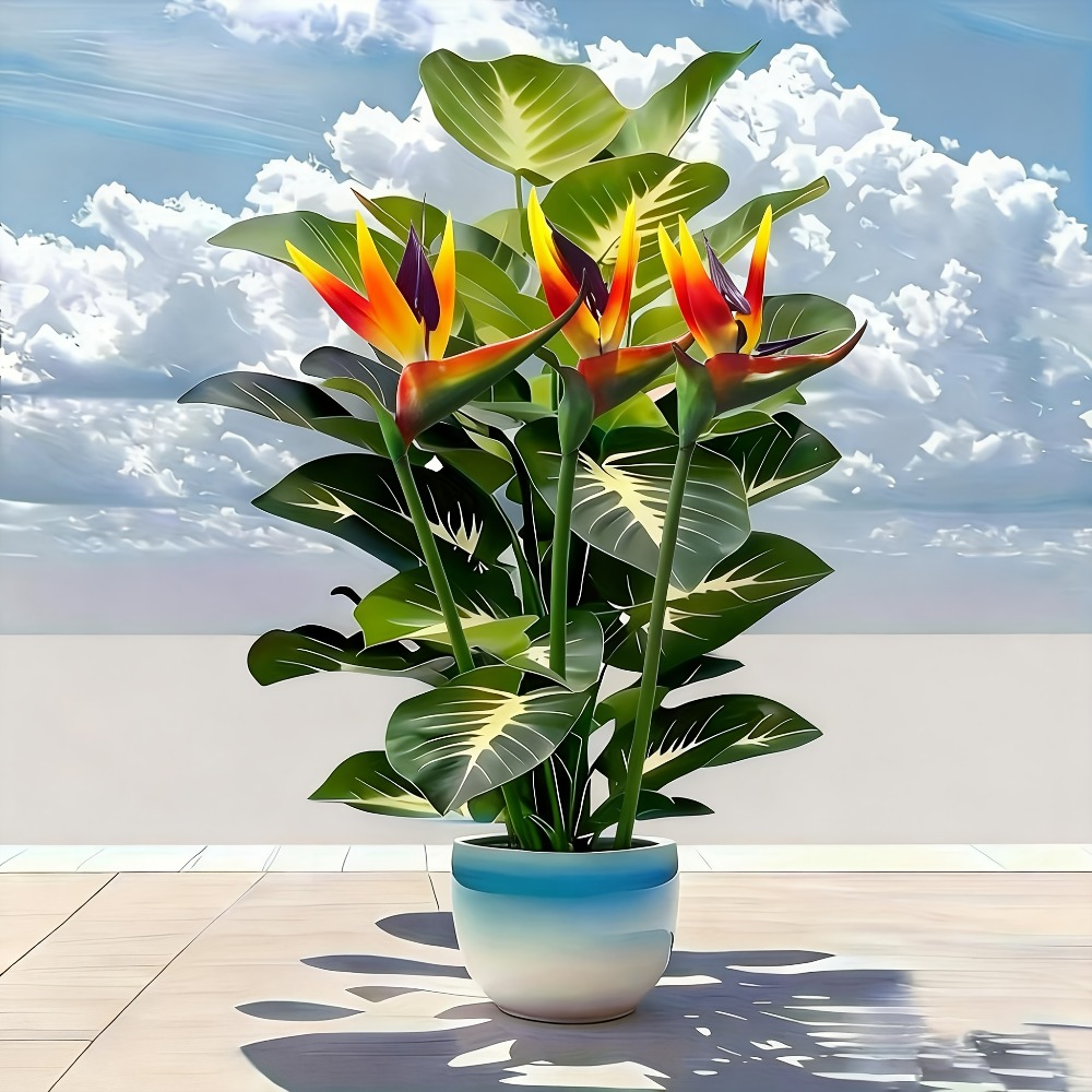 Home Office Layout - Künstliche Paradiesvogelblumen und Pothos-Pflanzen für Außendekoration